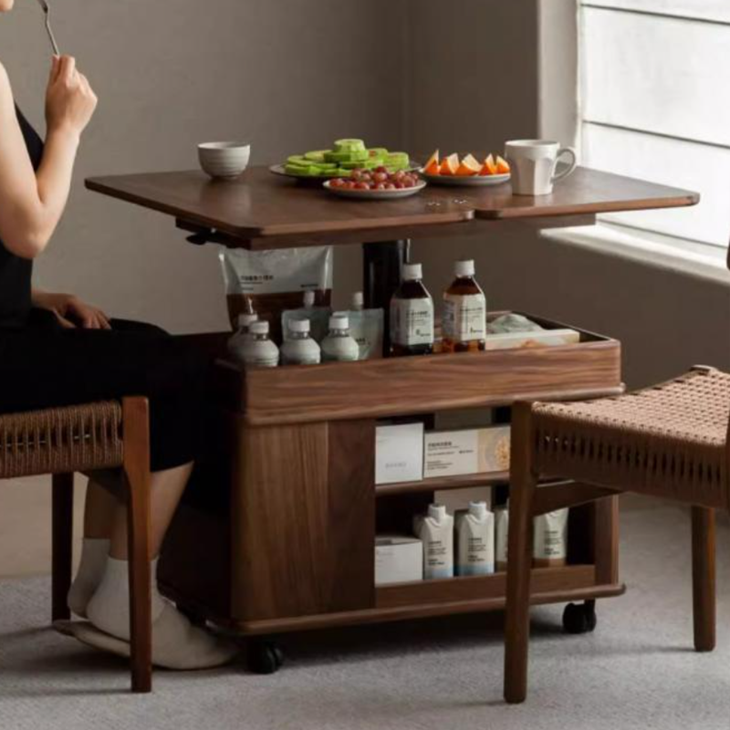 Moderner kreativer Couchtisch aus Sperrholz und Metall mit anhebbarer Tischplatte, Rollen und abgerundet-rechteckiger Form für das Wohnzimmer 