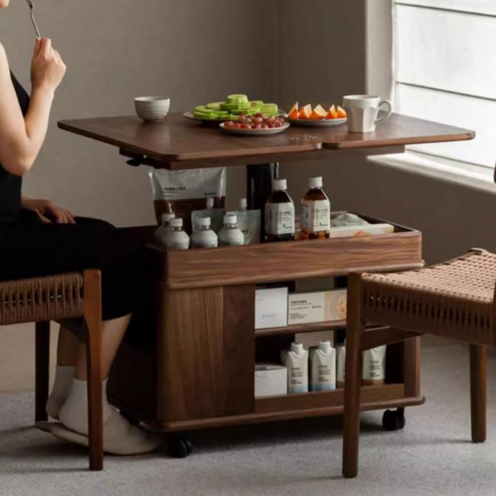 Moderner kreativer Couchtisch aus Sperrholz und Metall mit anhebbarer Tischplatte, Rollen und abgerundet-rechteckiger Form für das Wohnzimmer 
