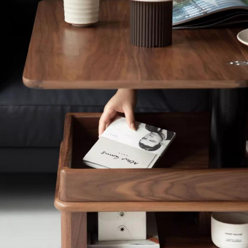Moderner kreativer Couchtisch aus Sperrholz und Metall mit anhebbarer Tischplatte, Rollen und abgerundet-rechteckiger Form für das Wohnzimmer 