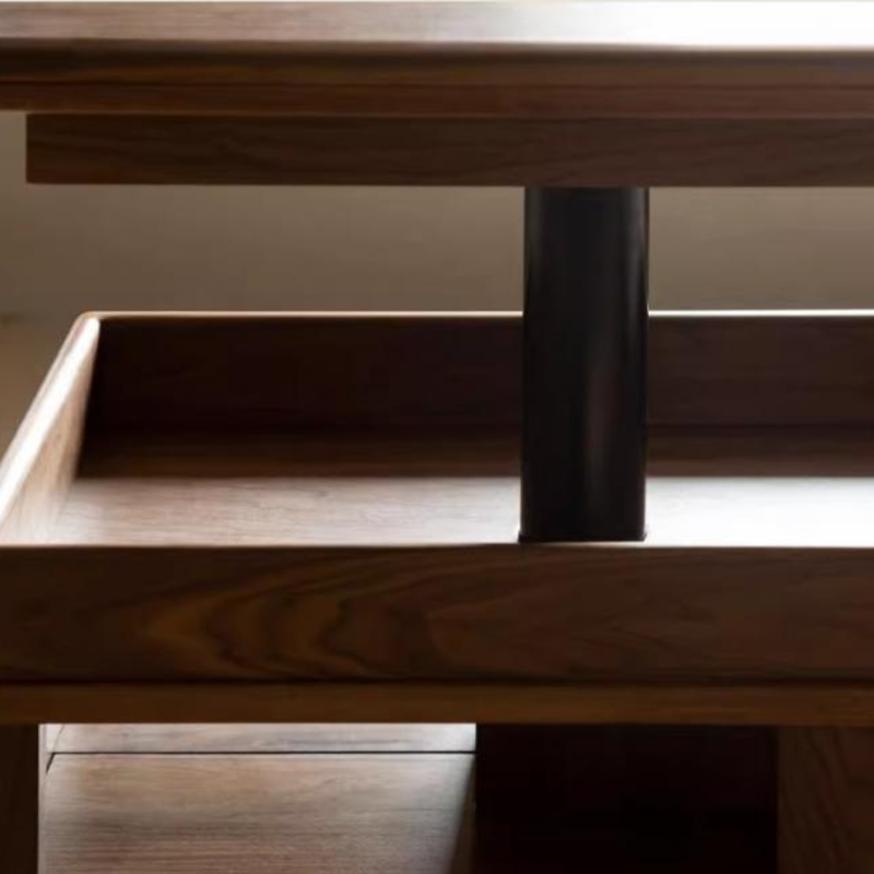 Moderner kreativer Couchtisch aus Sperrholz und Metall mit anhebbarer Tischplatte, Rollen und abgerundet-rechteckiger Form für das Wohnzimmer 