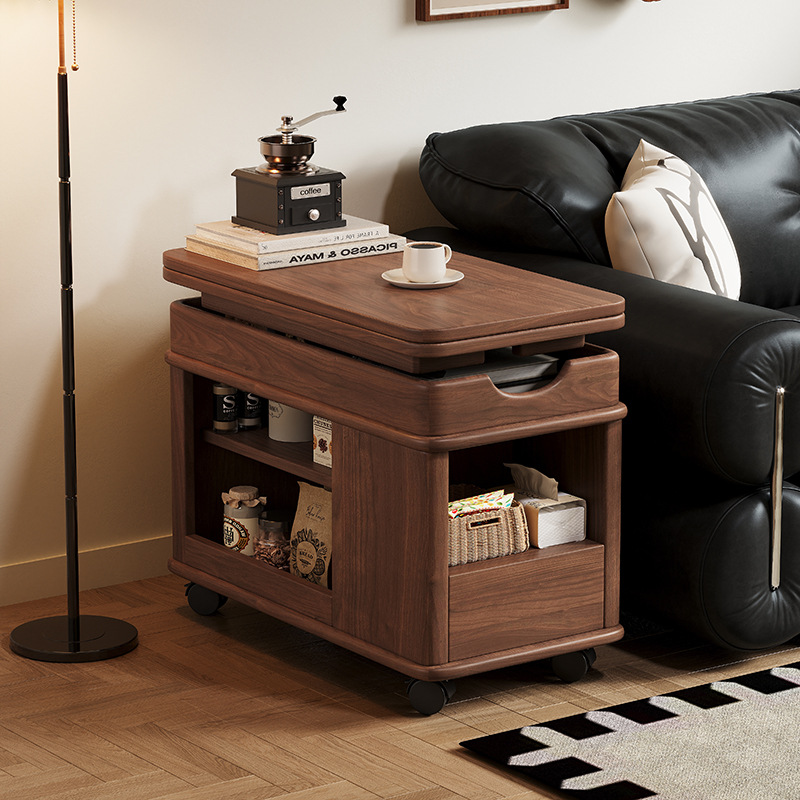 Moderner kreativer Couchtisch aus Sperrholz und Metall mit anhebbarer Tischplatte, Rollen und abgerundet-rechteckiger Form für das Wohnzimmer 
