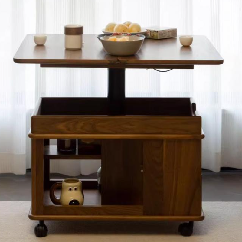 Moderner kreativer Couchtisch aus Sperrholz und Metall mit anhebbarer Tischplatte, Rollen und abgerundet-rechteckiger Form für das Wohnzimmer 