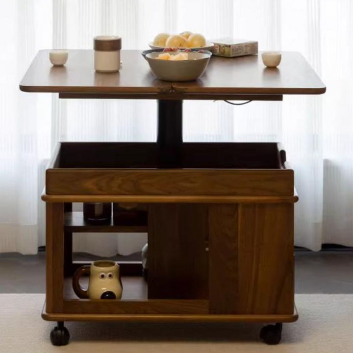Moderner kreativer Couchtisch aus Sperrholz und Metall mit anhebbarer Tischplatte, Rollen und abgerundet-rechteckiger Form für das Wohnzimmer 