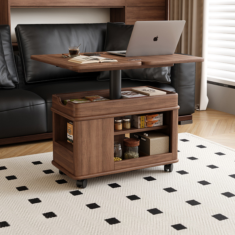Moderner kreativer Couchtisch aus Sperrholz und Metall mit anhebbarer Tischplatte, Rollen und abgerundet-rechteckiger Form für das Wohnzimmer 