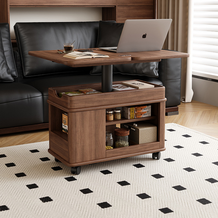 Moderner kreativer Couchtisch aus Sperrholz und Metall mit anhebbarer Tischplatte, Rollen und abgerundet-rechteckiger Form für das Wohnzimmer 