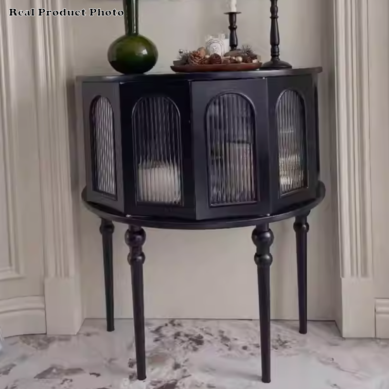 Traditional French Rubberwood Glass Semi Circular Globe Storage Cabinet With 1 Tier For Living Room