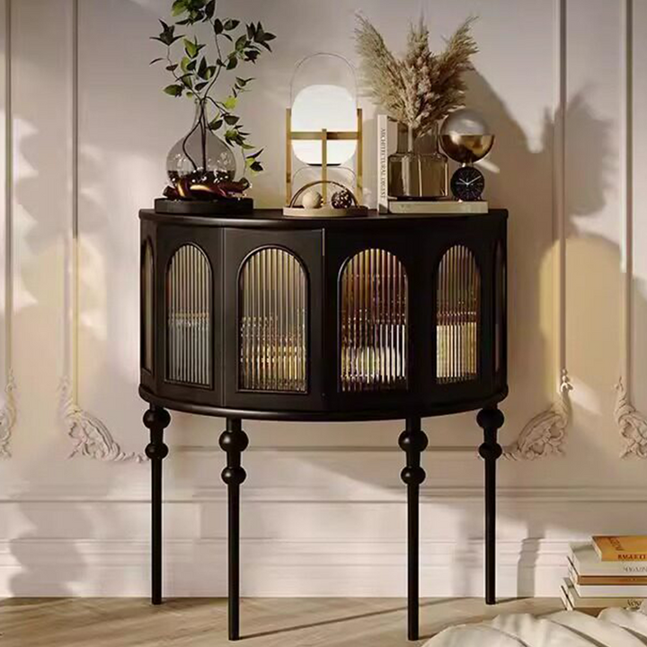 Traditioneller halbkreisförmiger Vitrinenschrank aus französischem Kautschukholz und Glas mit 1 Ebene für das Wohnzimmer 