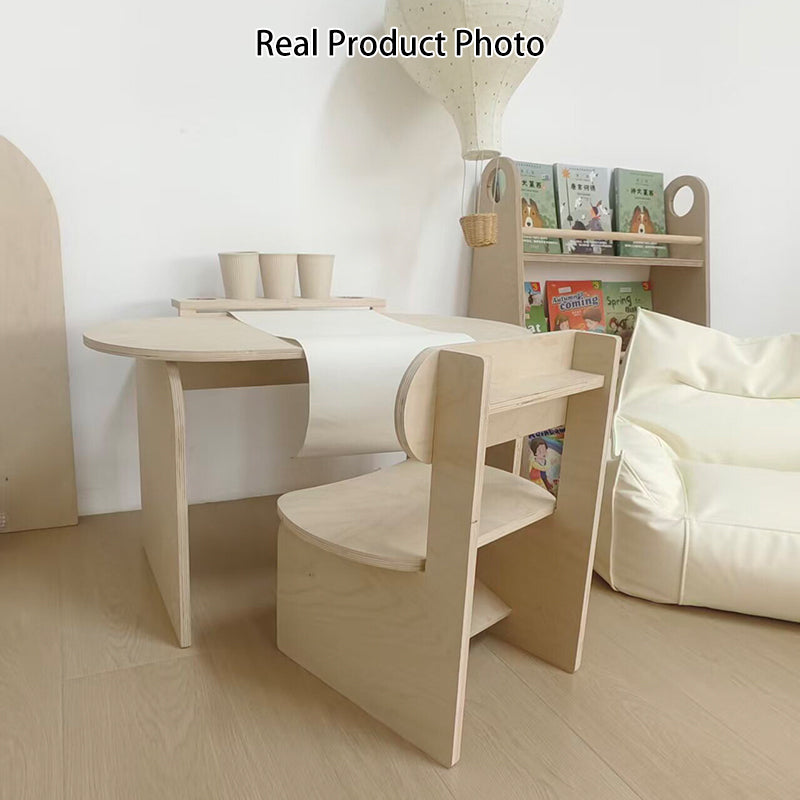 Conjunto de escritorio y silla de estudio infantil de tablero marino moderno minimalista con diseño ovalado curvo y 1 nivel para sala de estar 