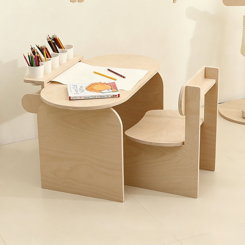 Conjunto de escritorio y silla de estudio infantil de tablero marino moderno minimalista con diseño ovalado curvo y 1 nivel para sala de estar 