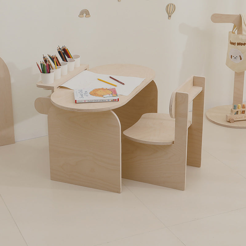 Conjunto de escritorio y silla de estudio infantil de tablero marino moderno minimalista con diseño ovalado curvo y 1 nivel para sala de estar 
