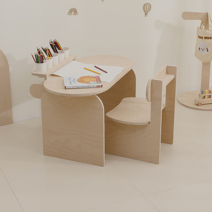 Conjunto de escritorio y silla de estudio infantil de tablero marino moderno minimalista con diseño ovalado curvo y 1 nivel para sala de estar 