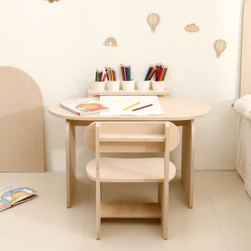 Conjunto de escritorio y silla de estudio infantil de tablero marino moderno minimalista con diseño ovalado curvo y 1 nivel para sala de estar 