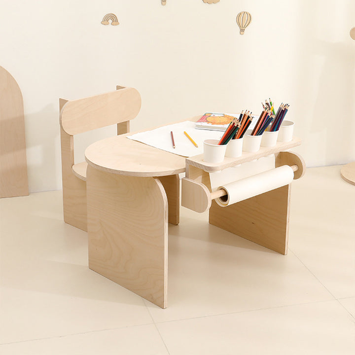 Conjunto de escritorio y silla de estudio infantil de tablero marino moderno minimalista con diseño ovalado curvo y 1 nivel para sala de estar 