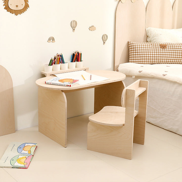 Conjunto de escritorio y silla de estudio infantil de tablero marino moderno minimalista con diseño ovalado curvo y 1 nivel para sala de estar 
