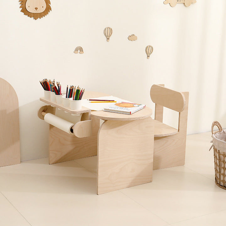Conjunto de escritorio y silla de estudio infantil de tablero marino moderno minimalista con diseño ovalado curvo y 1 nivel para sala de estar 
