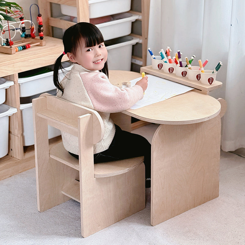 Conjunto de escritorio y silla de estudio infantil de tablero marino moderno minimalista con diseño ovalado curvo y 1 nivel para sala de estar 