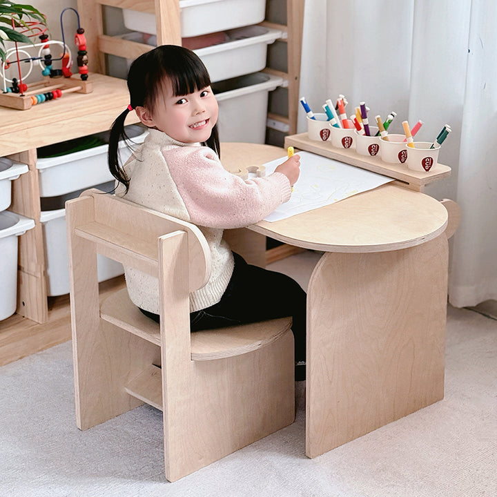 Conjunto de escritorio y silla de estudio infantil de tablero marino moderno minimalista con diseño ovalado curvo y 1 nivel para sala de estar 