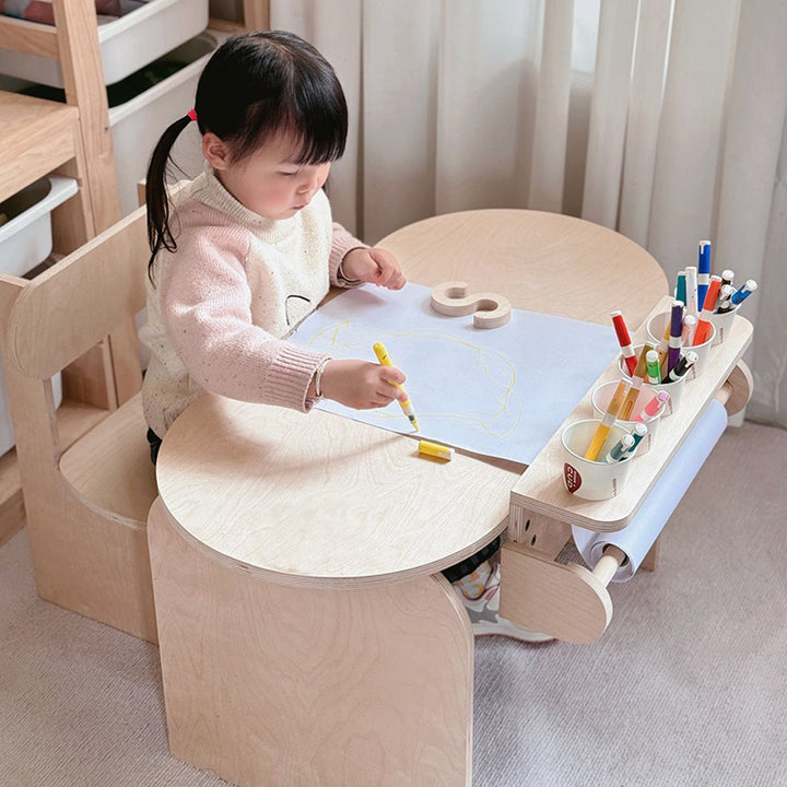 Conjunto de escritorio y silla de estudio infantil de tablero marino moderno minimalista con diseño ovalado curvo y 1 nivel para sala de estar 
