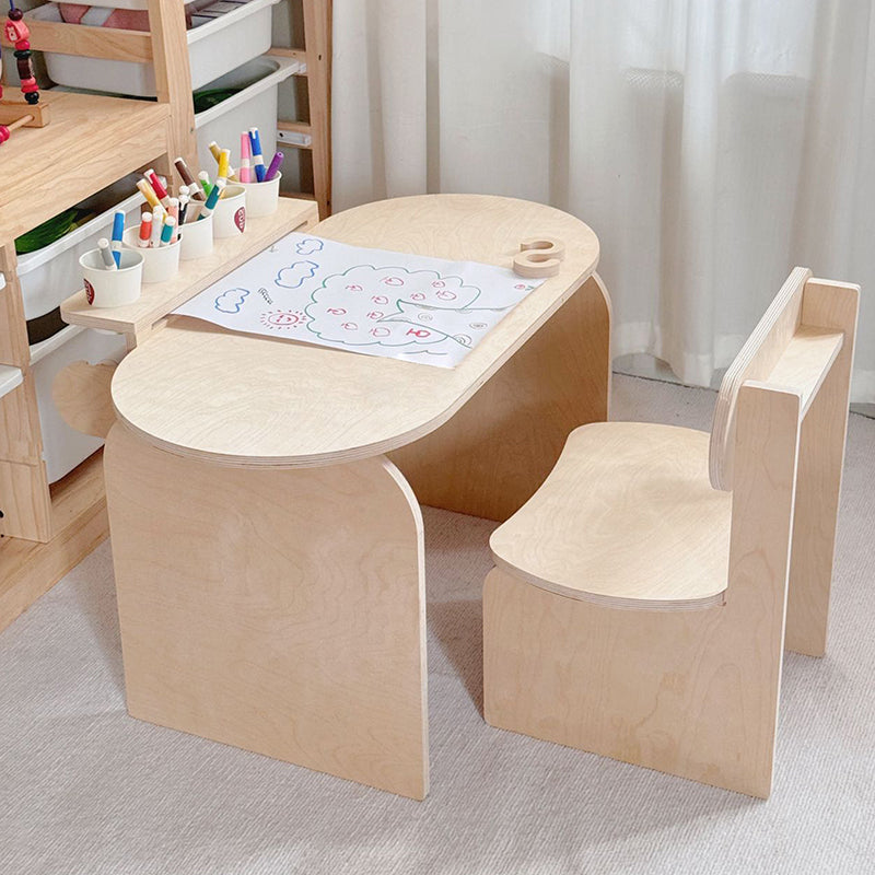 Conjunto de escritorio y silla de estudio infantil de tablero marino moderno minimalista con diseño ovalado curvo y 1 nivel para sala de estar 