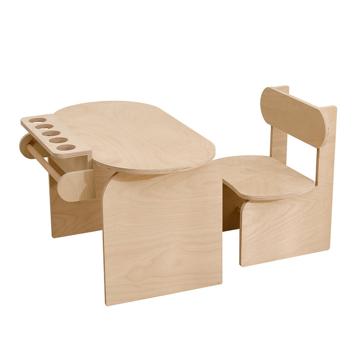 Conjunto de escritorio y silla de estudio infantil de tablero marino moderno minimalista con diseño ovalado curvo y 1 nivel para sala de estar 