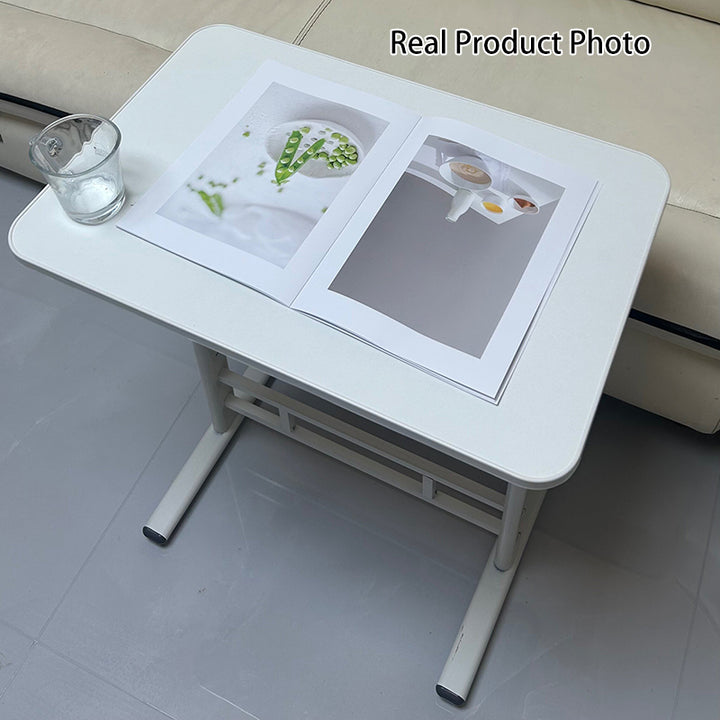 Escritorio de estudio moderno minimalista de MDF y acero al carbono con forma rectangular redondeada y altura ajustable para sala de estar 
