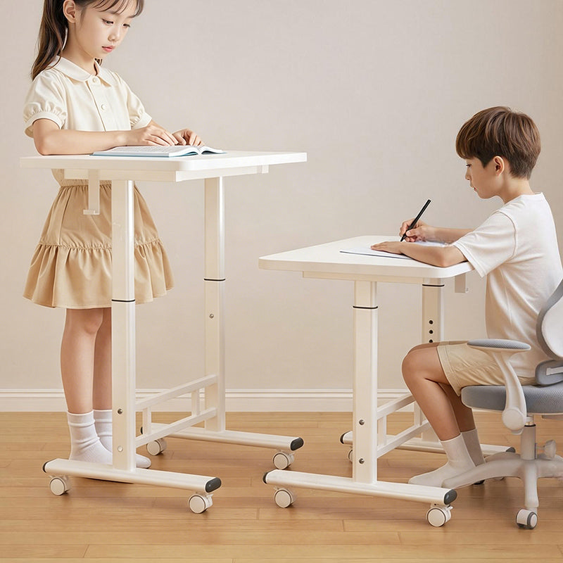 Escritorio de estudio moderno minimalista de MDF y acero al carbono con forma rectangular redondeada y altura ajustable para sala de estar 