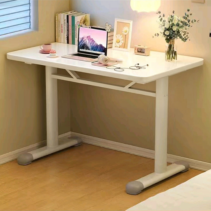 Escritorio infantil de estudio moderno y minimalista de madera de ingeniería y acero al carbono con forma rectangular de bordes redondeados y 1 nivel para dormitorio 