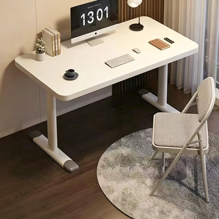 Escritorio infantil de estudio moderno y minimalista de madera de ingeniería y acero al carbono con forma rectangular de bordes redondeados y 1 nivel para dormitorio 