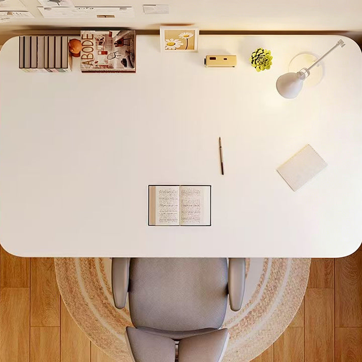 Escritorio infantil de estudio moderno y minimalista de madera de ingeniería y acero al carbono con forma rectangular de bordes redondeados y 1 nivel para dormitorio 