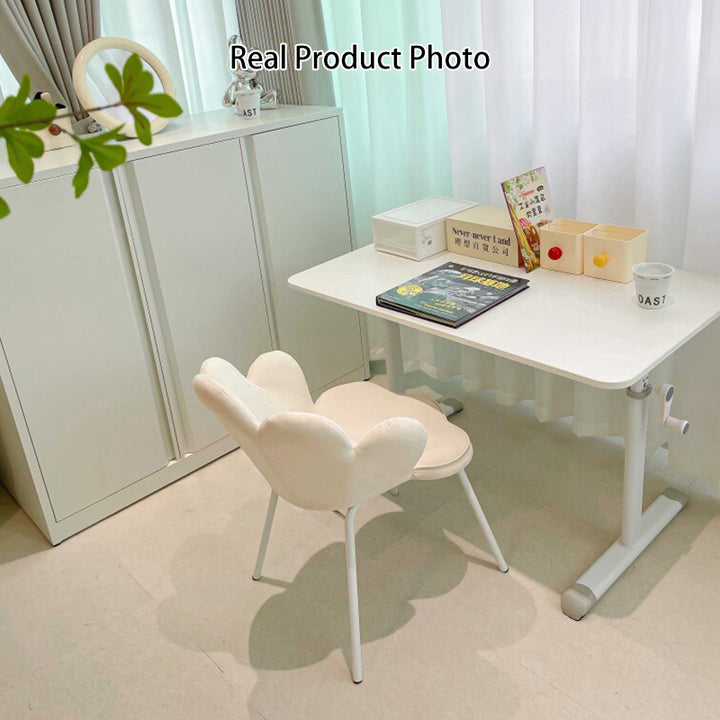 Escritorio infantil de estudio moderno y minimalista de madera de ingeniería y acero al carbono con forma rectangular de bordes redondeados y 1 nivel para dormitorio 