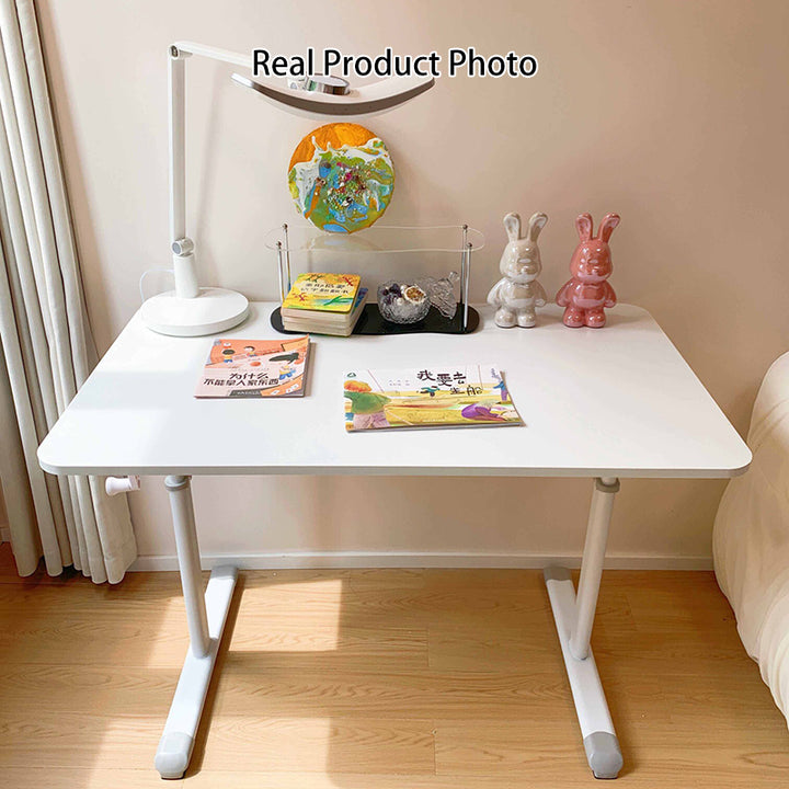 Escritorio infantil de estudio moderno y minimalista de madera de ingeniería y acero al carbono con forma rectangular de bordes redondeados y 1 nivel para dormitorio 