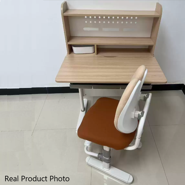Traditionelles rechteckiges Kinder-Schreibtisch- und Stuhl-Set im chinesischen Stil aus MDF und kaltgewalztem Stahl mit handkurbelbarer Höhenverstellung und 3 Ebenen für das Schlafzimmer 