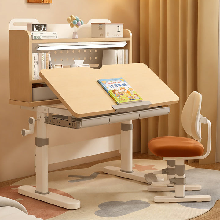 Traditionelles rechteckiges Kinder-Schreibtisch- und Stuhl-Set im chinesischen Stil aus MDF und kaltgewalztem Stahl mit handkurbelbarer Höhenverstellung und 3 Ebenen für das Schlafzimmer 