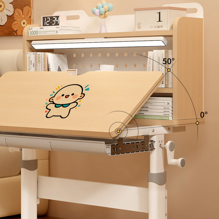 Traditionelles rechteckiges Kinder-Schreibtisch- und Stuhl-Set im chinesischen Stil aus MDF und kaltgewalztem Stahl mit handkurbelbarer Höhenverstellung und 3 Ebenen für das Schlafzimmer 