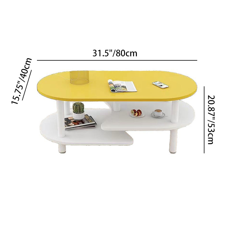 Moderner skandinavischer Couchtisch aus Holzwerkstoff mit Holzbeinen, gebogener ovaler Form und 3 Ebenen für das Wohnzimmer 