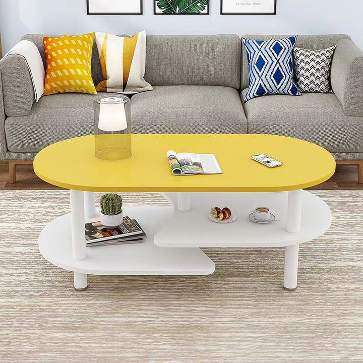 Moderner skandinavischer Couchtisch aus Holzwerkstoff mit Holzbeinen, gebogener ovaler Form und 3 Ebenen für das Wohnzimmer 