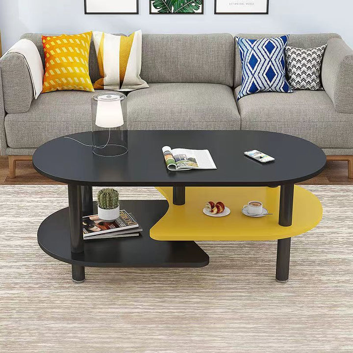 Moderner skandinavischer Couchtisch aus Holzwerkstoff mit Holzbeinen, gebogener ovaler Form und 3 Ebenen für das Wohnzimmer 
