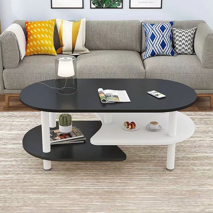 Moderner skandinavischer Couchtisch aus Holzwerkstoff mit Holzbeinen, gebogener ovaler Form und 3 Ebenen für das Wohnzimmer 