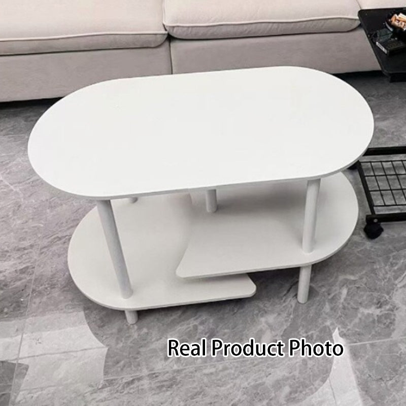 Moderner skandinavischer Couchtisch aus Holzwerkstoff mit Holzbeinen, gebogener ovaler Form und 3 Ebenen für das Wohnzimmer 