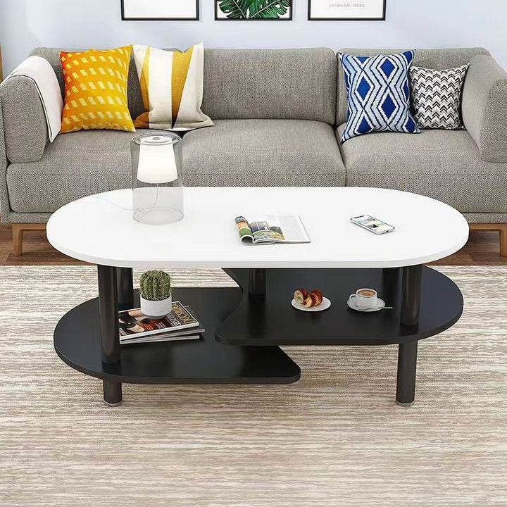 Moderner skandinavischer Couchtisch aus Holzwerkstoff mit Holzbeinen, gebogener ovaler Form und 3 Ebenen für das Wohnzimmer 