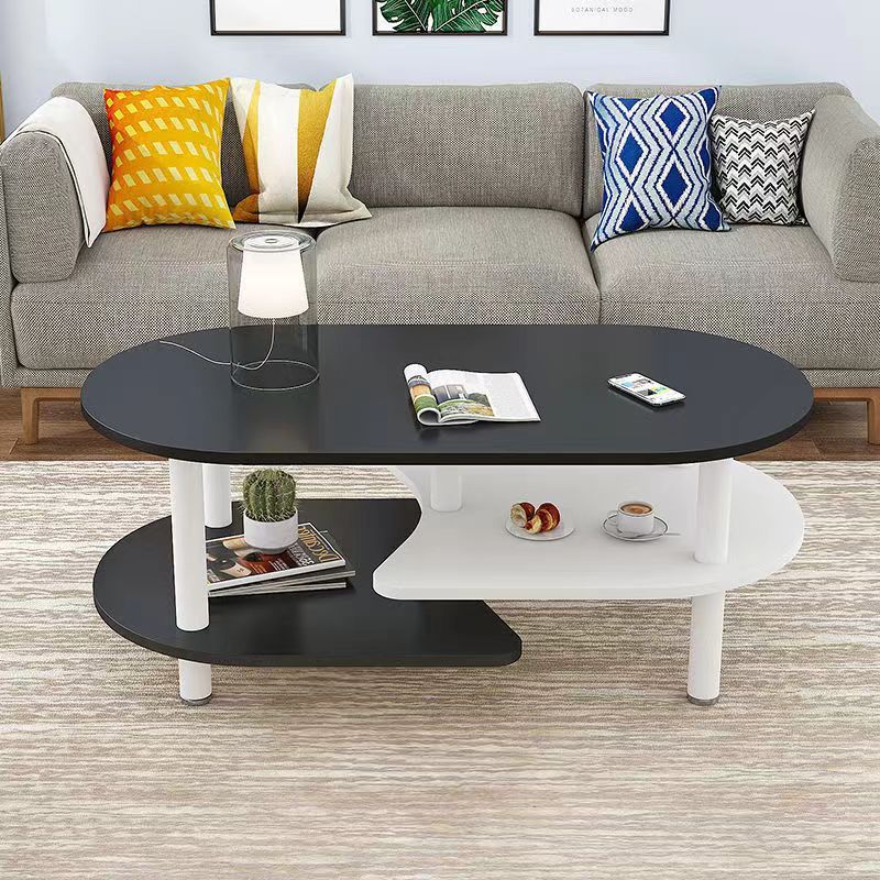 Moderner skandinavischer Couchtisch aus Holzwerkstoff mit Holzbeinen, gebogener ovaler Form und 3 Ebenen für das Wohnzimmer 