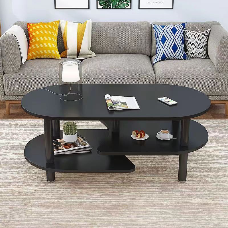 Moderner skandinavischer Couchtisch aus Holzwerkstoff mit Holzbeinen, gebogener ovaler Form und 3 Ebenen für das Wohnzimmer 