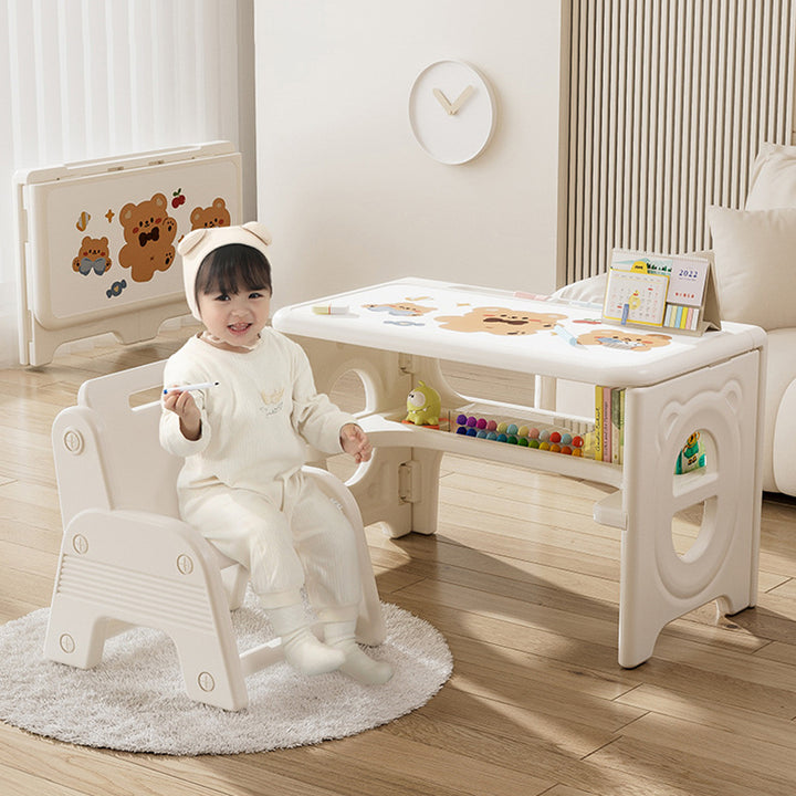 Conjunto moderno minimalista de escritorio y silla de estudio infantil cuadrados plegables de PE de 2 niveles para sala de estar 