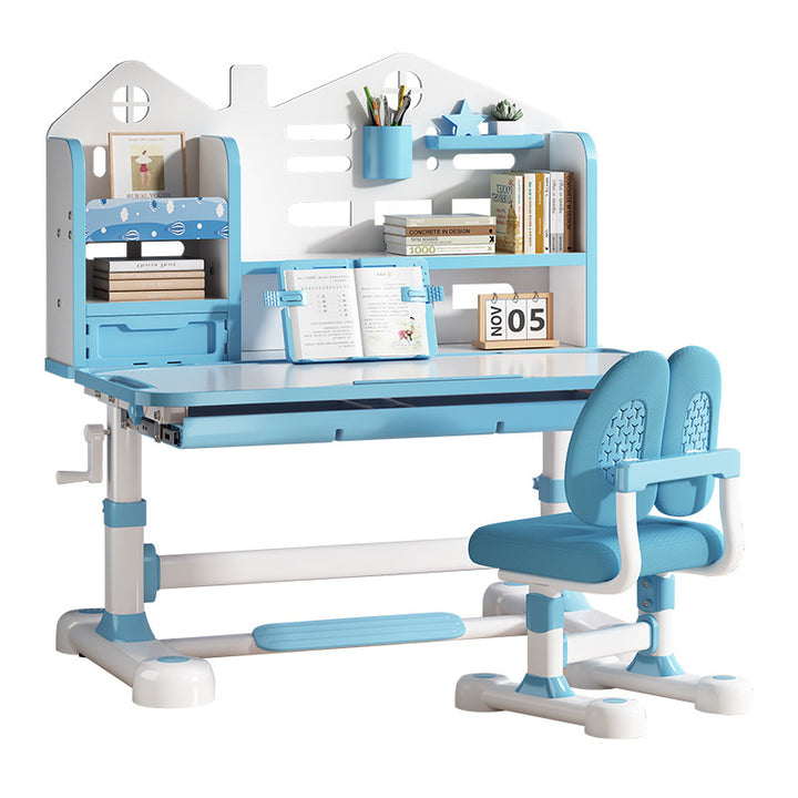 Modern Minimalist Steel MDF PP Rounded Rectangular Adjustable Kids Study Desk Chair Set 1-Drawer For Living Room