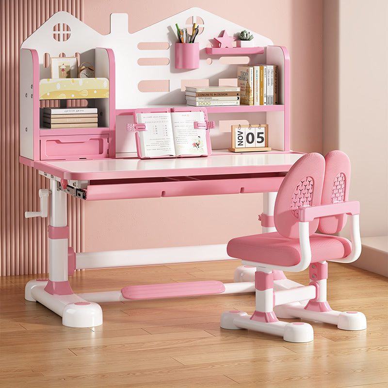 Modern Minimalist Steel MDF PP Rounded Rectangular Adjustable Kids Study Desk Chair Set 1-Drawer For Living Room