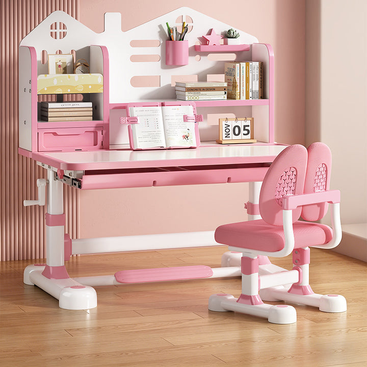 Modern Minimalist Steel MDF PP Rounded Rectangular Adjustable Kids Study Desk Chair Set 1-Drawer For Living Room