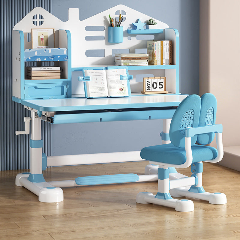 Modern Minimalist Steel MDF PP Rounded Rectangular Adjustable Kids Study Desk Chair Set 1-Drawer For Living Room