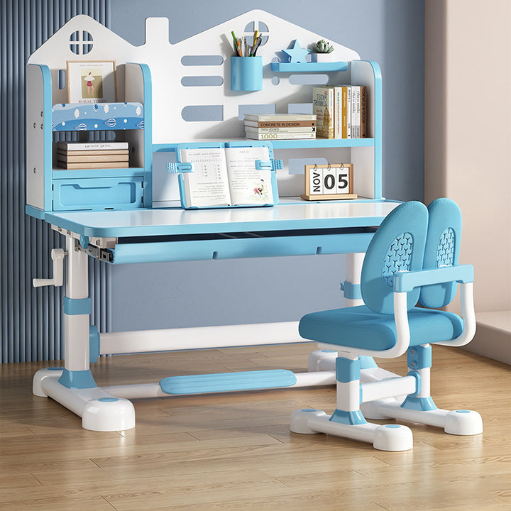 Modern Minimalist Steel MDF PP Rounded Rectangular Adjustable Kids Study Desk Chair Set 1-Drawer For Living Room