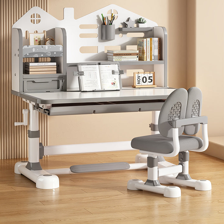 Modern Minimalist Steel MDF PP Rounded Rectangular Adjustable Kids Study Desk Chair Set 1-Drawer For Living Room
