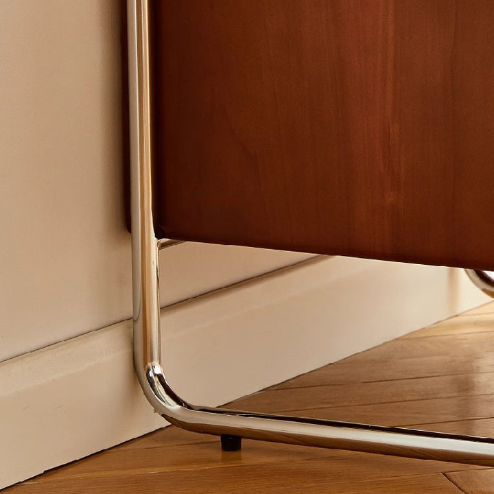 Zeitgenössischer kreativer Nachttisch aus Kiefernholz und Edelstahl mit gebogener quadratischer Form und 2 Schubladen für das Schlafzimmer 